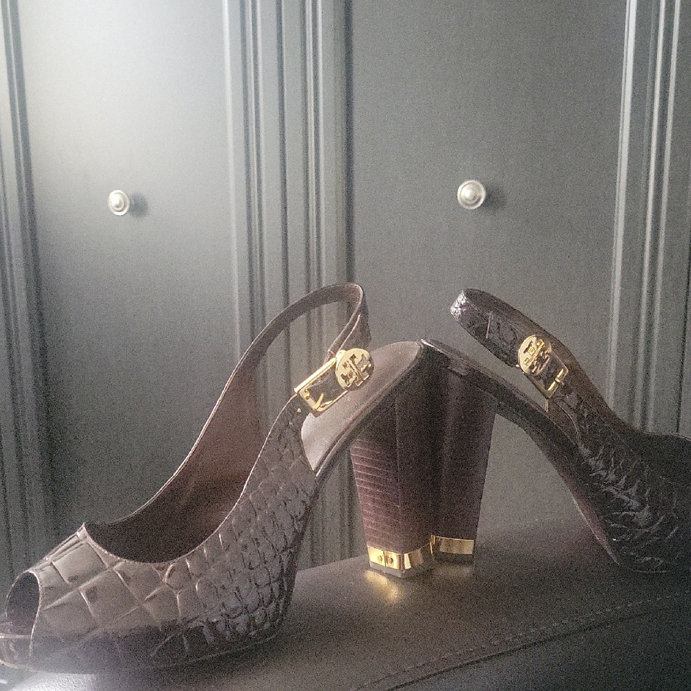 Tory Burch Brown Textured Heels with Gold Accents